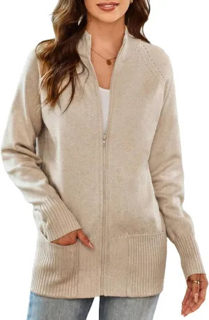 GRACE KARIN Women's Long Sleeve Zip Up Knit Cardigan with Pockets Stand Collar Full Zip Sweater Coat Lightweight