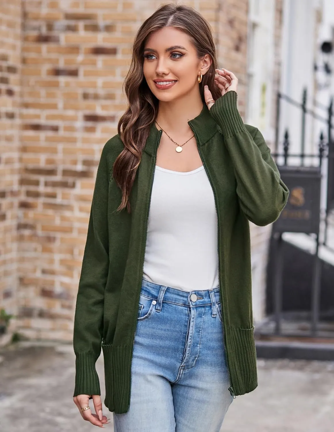 GRACE KARIN Women's Long Sleeve Zip Up Knit Cardigan with Pockets Stand Collar Full Zip Sweater Coat Lightweight
