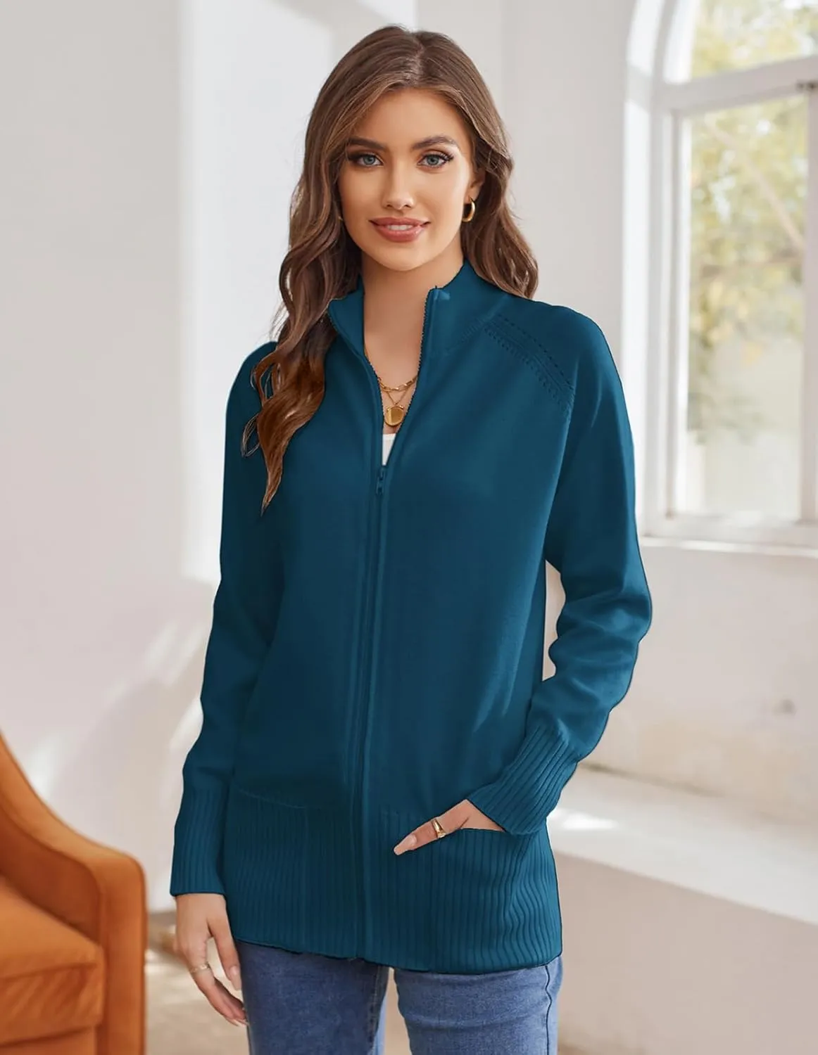 GRACE KARIN Women's Long Sleeve Zip Up Knit Cardigan with Pockets Stand Collar Full Zip Sweater Coat Lightweight