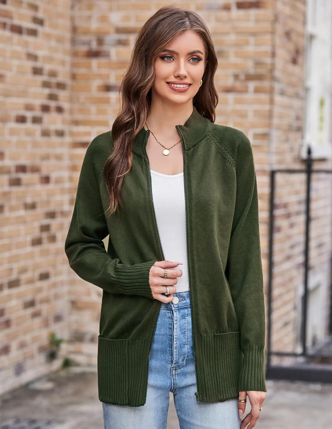 GRACE KARIN Women's Long Sleeve Zip Up Knit Cardigan with Pockets Stand Collar Full Zip Sweater Coat Lightweight