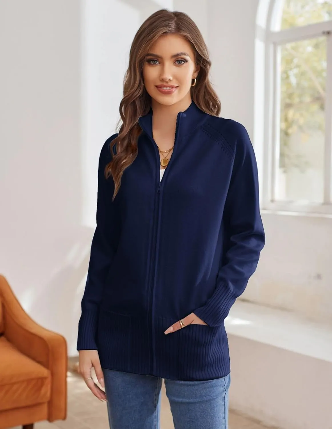 GRACE KARIN Women's Long Sleeve Zip Up Knit Cardigan with Pockets Stand Collar Full Zip Sweater Coat Lightweight