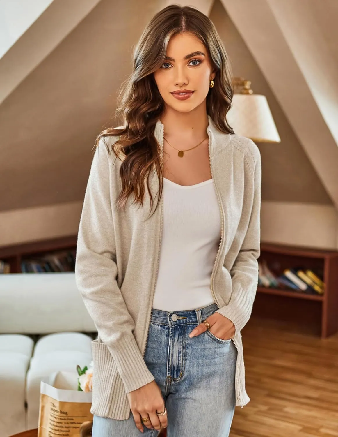 GRACE KARIN Women's Long Sleeve Zip Up Knit Cardigan with Pockets Stand Collar Full Zip Sweater Coat Lightweight