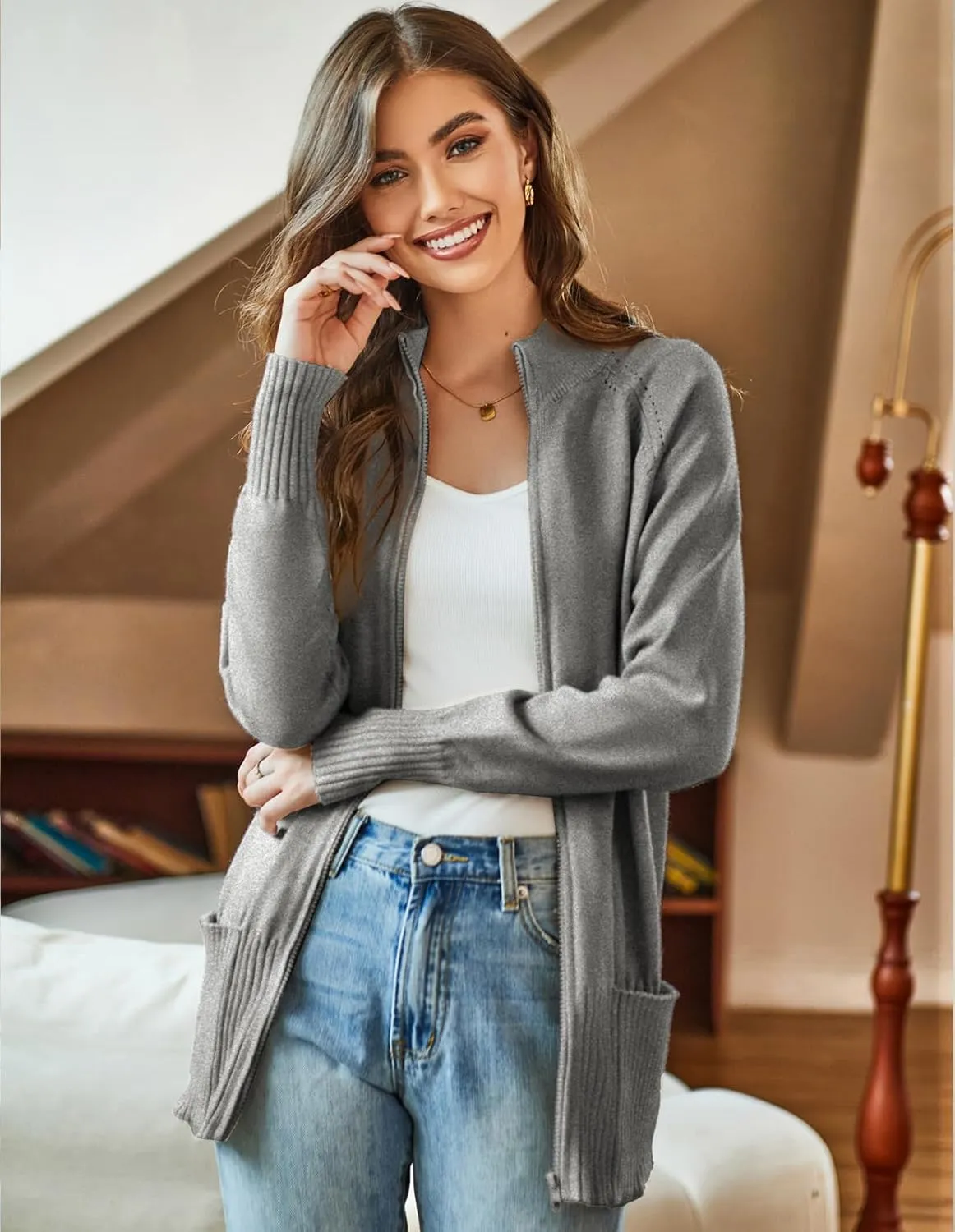 GRACE KARIN Women's Long Sleeve Zip Up Knit Cardigan with Pockets Stand Collar Full Zip Sweater Coat Lightweight