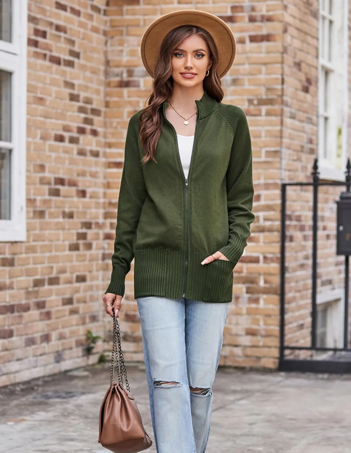 GRACE KARIN Women's Long Sleeve Zip Up Knit Cardigan with Pockets Stand Collar Full Zip Sweater Coat Lightweight