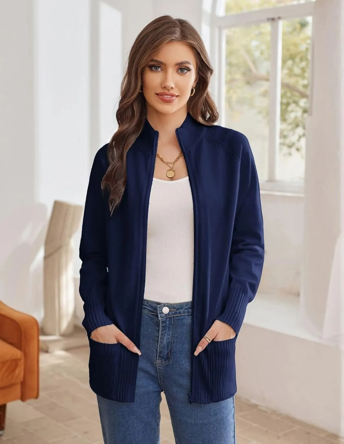 GRACE KARIN Women's Long Sleeve Zip Up Knit Cardigan with Pockets Stand Collar Full Zip Sweater Coat Lightweight