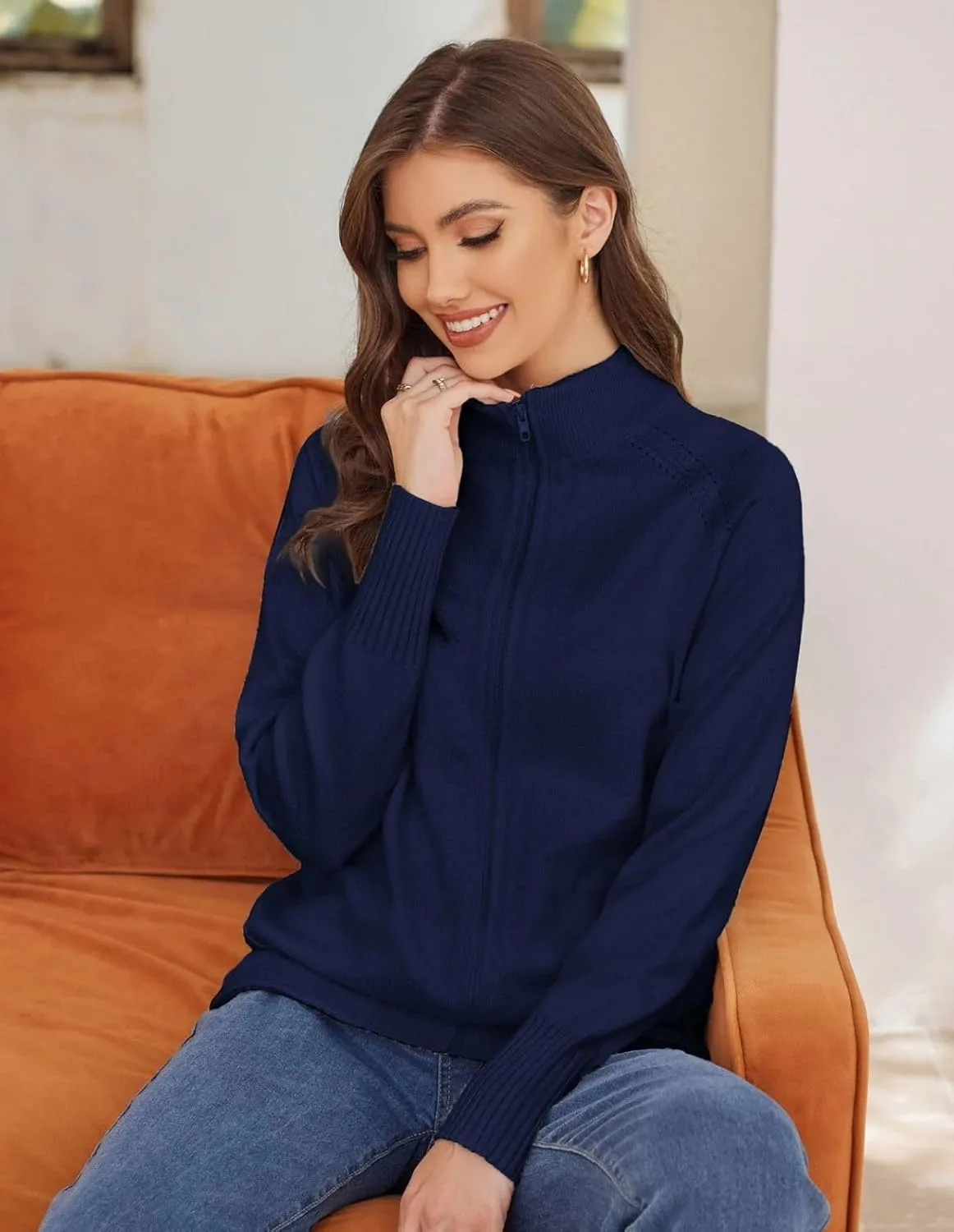 GRACE KARIN Women's Long Sleeve Zip Up Knit Cardigan with Pockets Stand Collar Full Zip Sweater Coat Lightweight