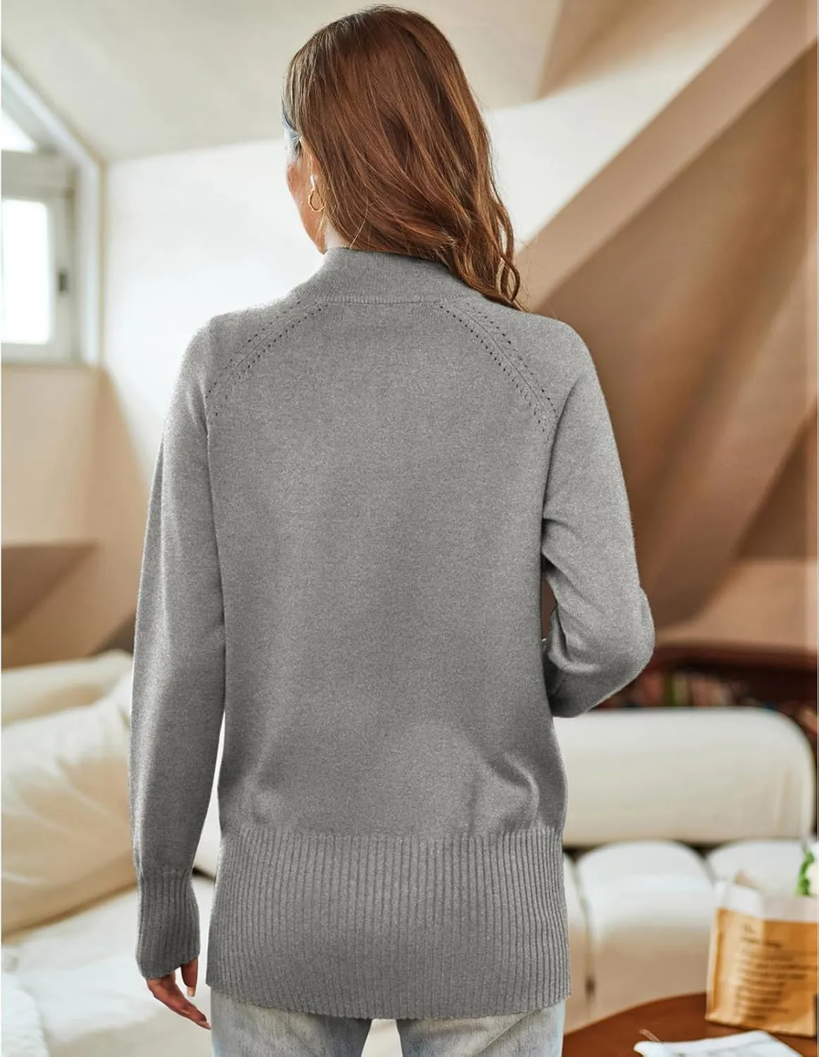 GRACE KARIN Women's Long Sleeve Zip Up Knit Cardigan with Pockets Stand Collar Full Zip Sweater Coat Lightweight