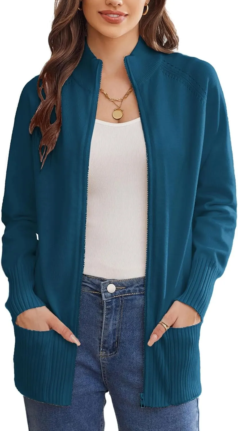 GRACE KARIN Women's Long Sleeve Zip Up Knit Cardigan with Pockets Stand Collar Full Zip Sweater Coat Lightweight