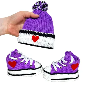 Handmade Gender Neutral Baby Crochet Purple Sneakers & Beanie Set - Soft Sole, Customizable, Perfect for Newborn Boys & Girls