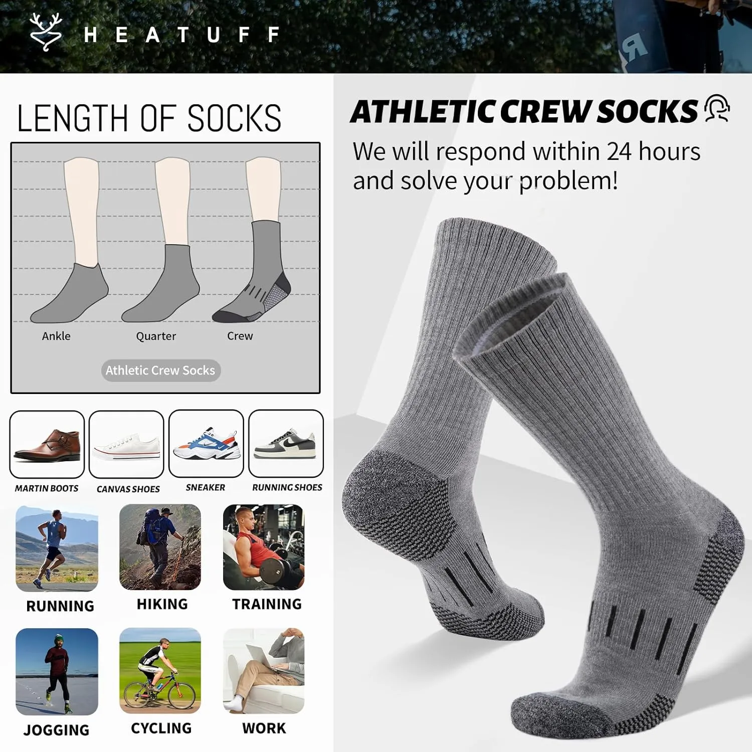 Heatuff Men’s 6 Pairs Crew Athletic Work Socks Performance Cushion Moisture Wicking Socks