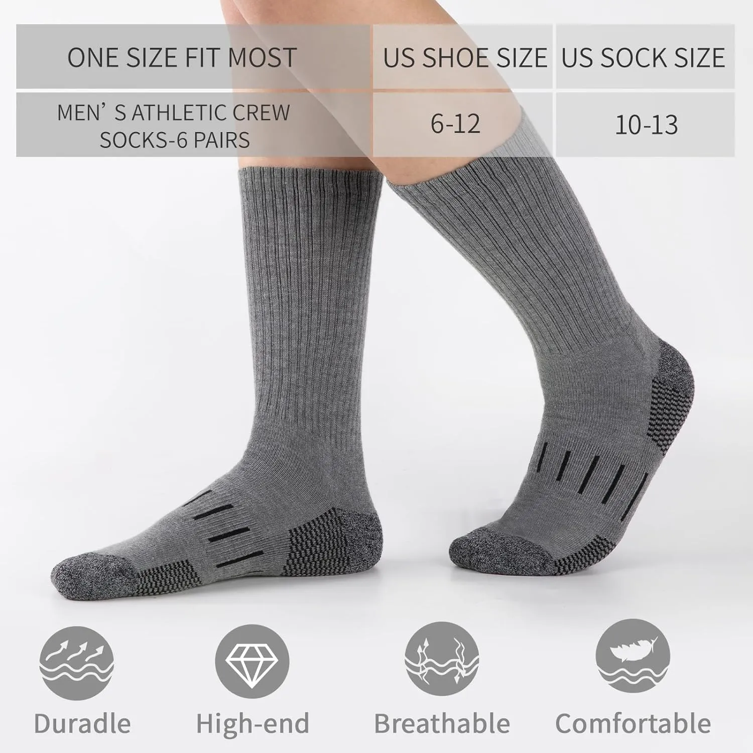 Heatuff Men’s 6 Pairs Crew Athletic Work Socks Performance Cushion Moisture Wicking Socks