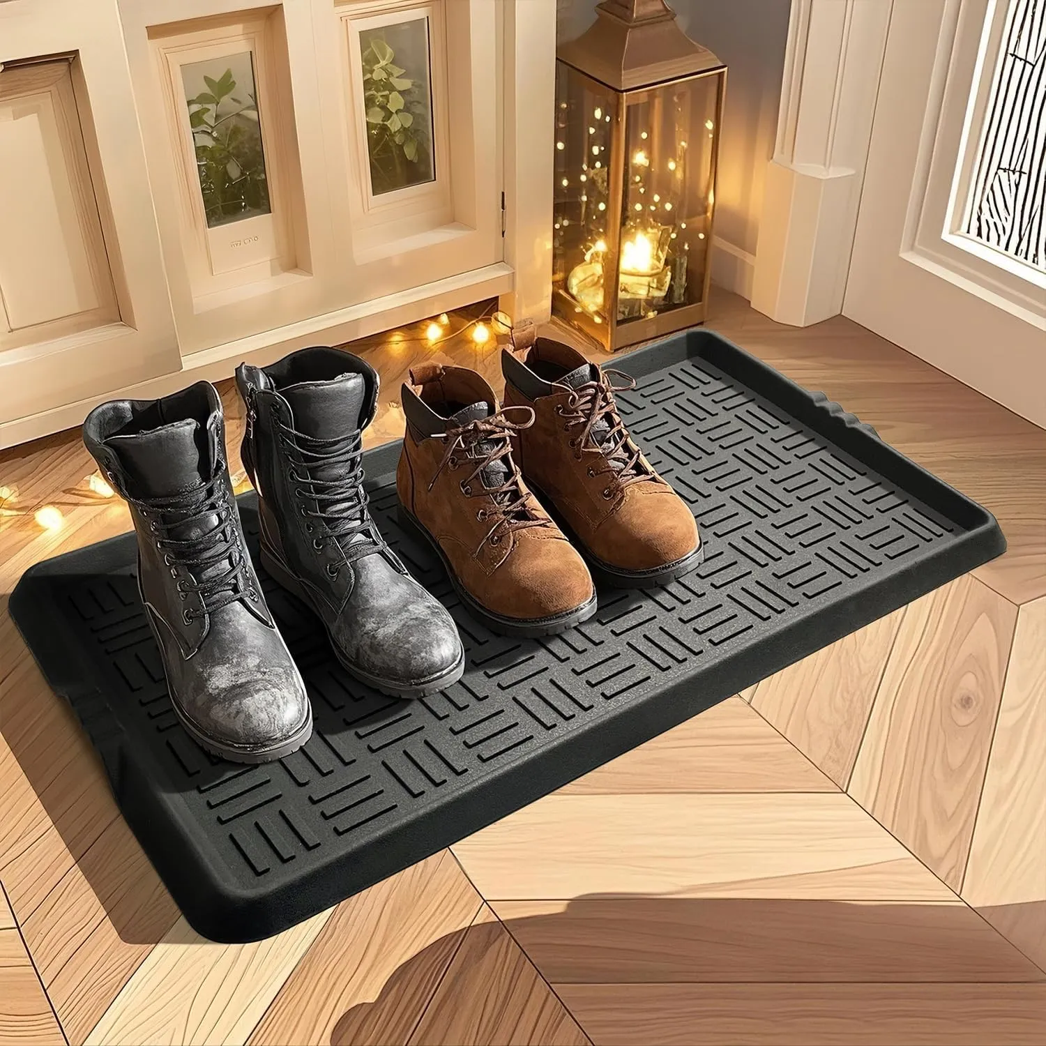 Heavy Duty Rubber Boot Tray with Non-Slip Base & Reinforced Lip – Waterproof Shoe Mat for Entryway, Indoor/Outdoor Use, Multi-Surface Mud & Dirt Catcher Tray,Black,15.7"x27.5"
