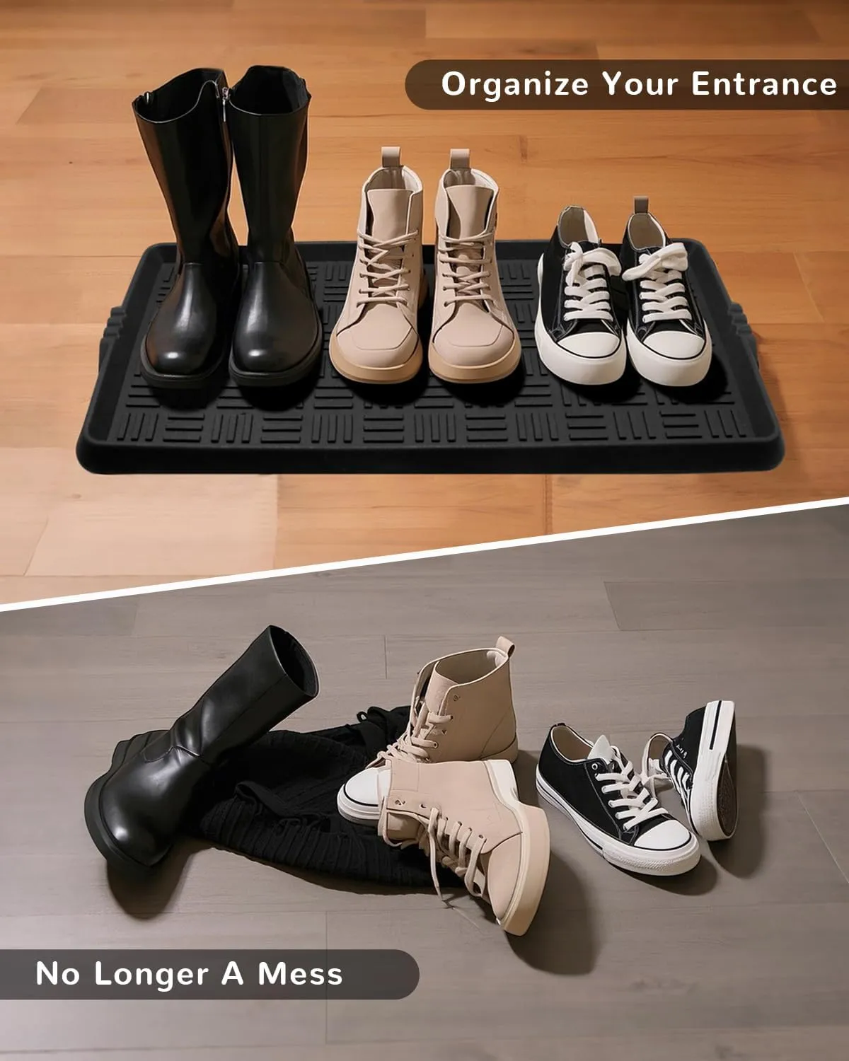 Heavy Duty Rubber Boot Tray with Non-Slip Base & Reinforced Lip – Waterproof Shoe Mat for Entryway, Indoor/Outdoor Use, Multi-Surface Mud & Dirt Catcher Tray,Black,15.7"x27.5"