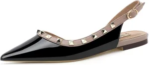Helenbra Women's Rivet Pointed Toe Closed Toe Flats Sandals,Sexy Studded Adjustable Buckle Slingback Shoes Comfort Slip On Walking Travel Office Ballet Flat Shoes