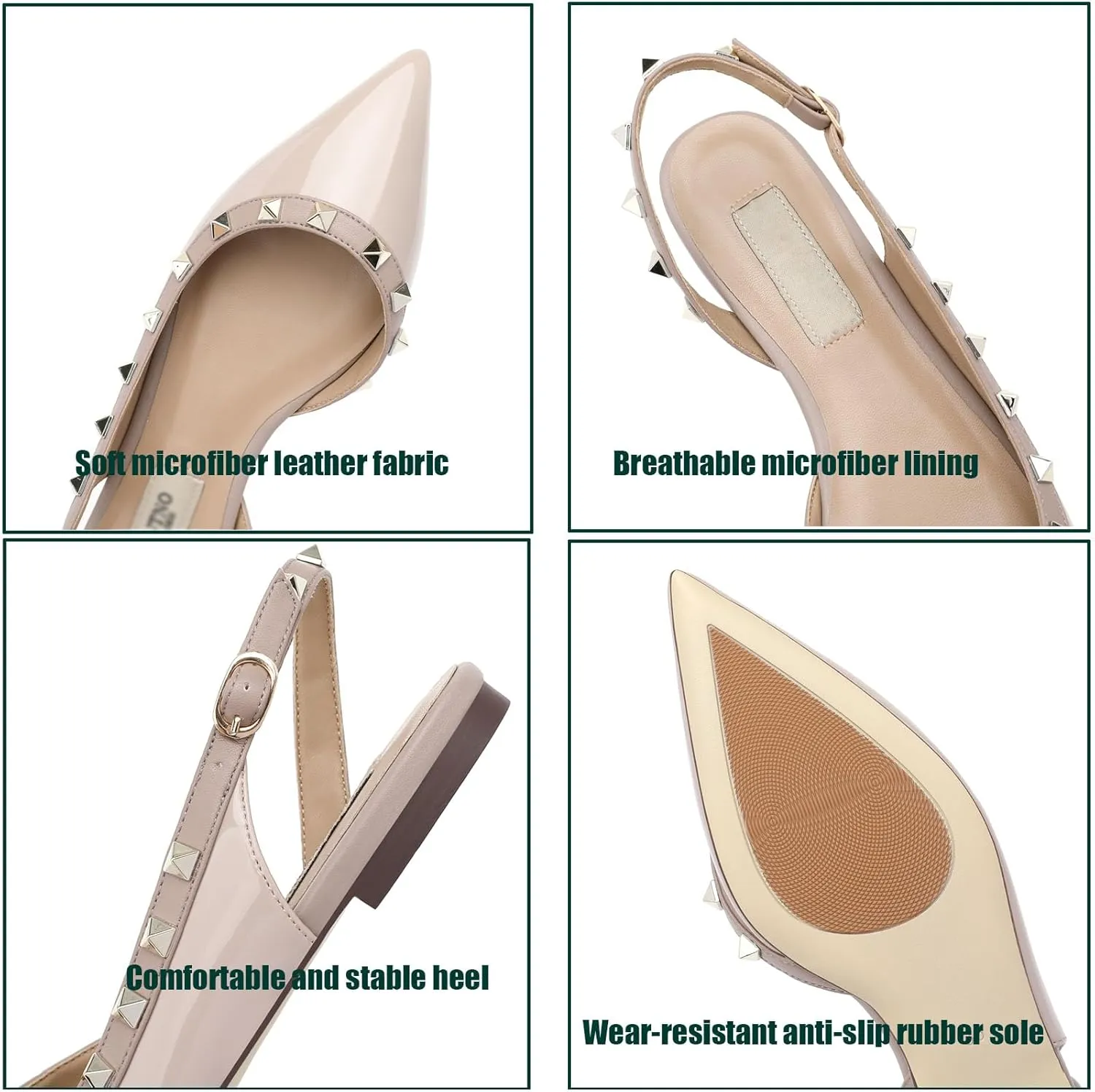 Helenbra Women's Rivet Pointed Toe Closed Toe Flats Sandals,Sexy Studded Adjustable Buckle Slingback Shoes Comfort Slip On Walking Travel Office Ballet Flat Shoes