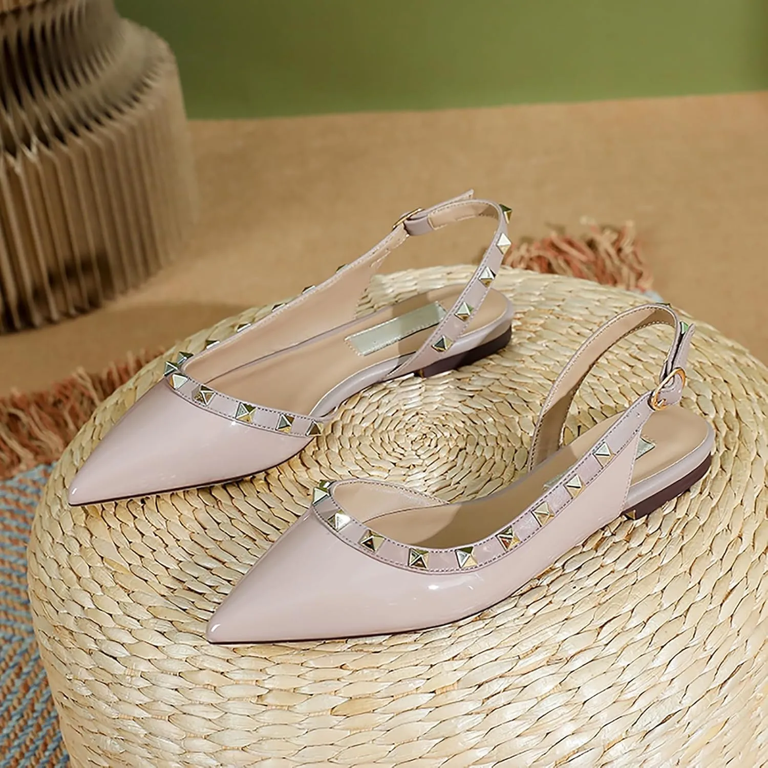 Helenbra Women's Rivet Pointed Toe Closed Toe Flats Sandals,Sexy Studded Adjustable Buckle Slingback Shoes Comfort Slip On Walking Travel Office Ballet Flat Shoes