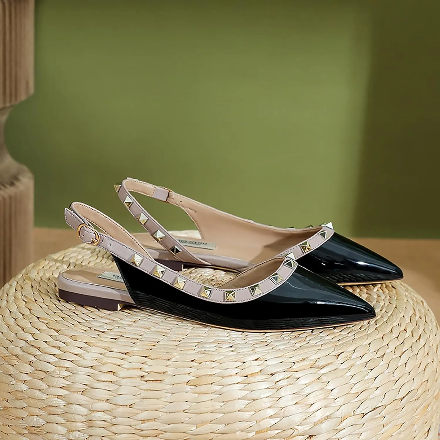 Helenbra Women's Rivet Pointed Toe Closed Toe Flats Sandals,Sexy Studded Adjustable Buckle Slingback Shoes Comfort Slip On Walking Travel Office Ballet Flat Shoes