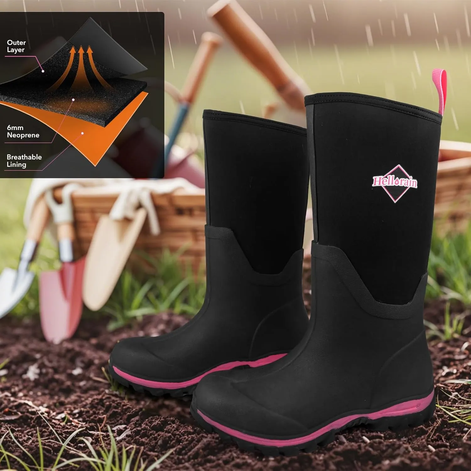 Hellorain Neoprene Rubber Waterproof Outdoor Rainboots Professional Non-slip Lightweight Breathable Women's Rain Shoes Suitable for Farms, Fish Ponds, Gardens