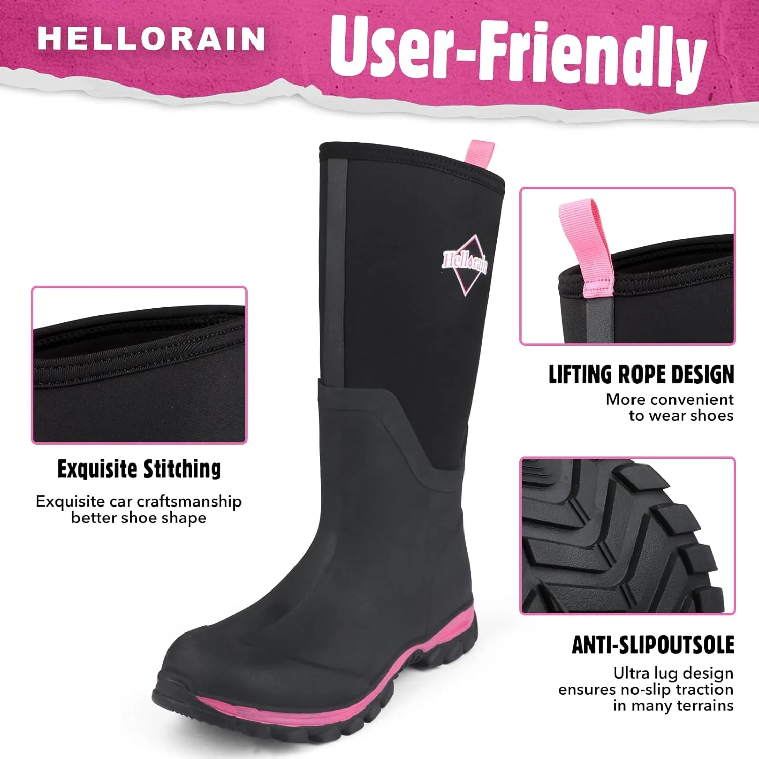 Hellorain Neoprene Rubber Waterproof Outdoor Rainboots Professional Non-slip Lightweight Breathable Women's Rain Shoes Suitable for Farms, Fish Ponds, Gardens