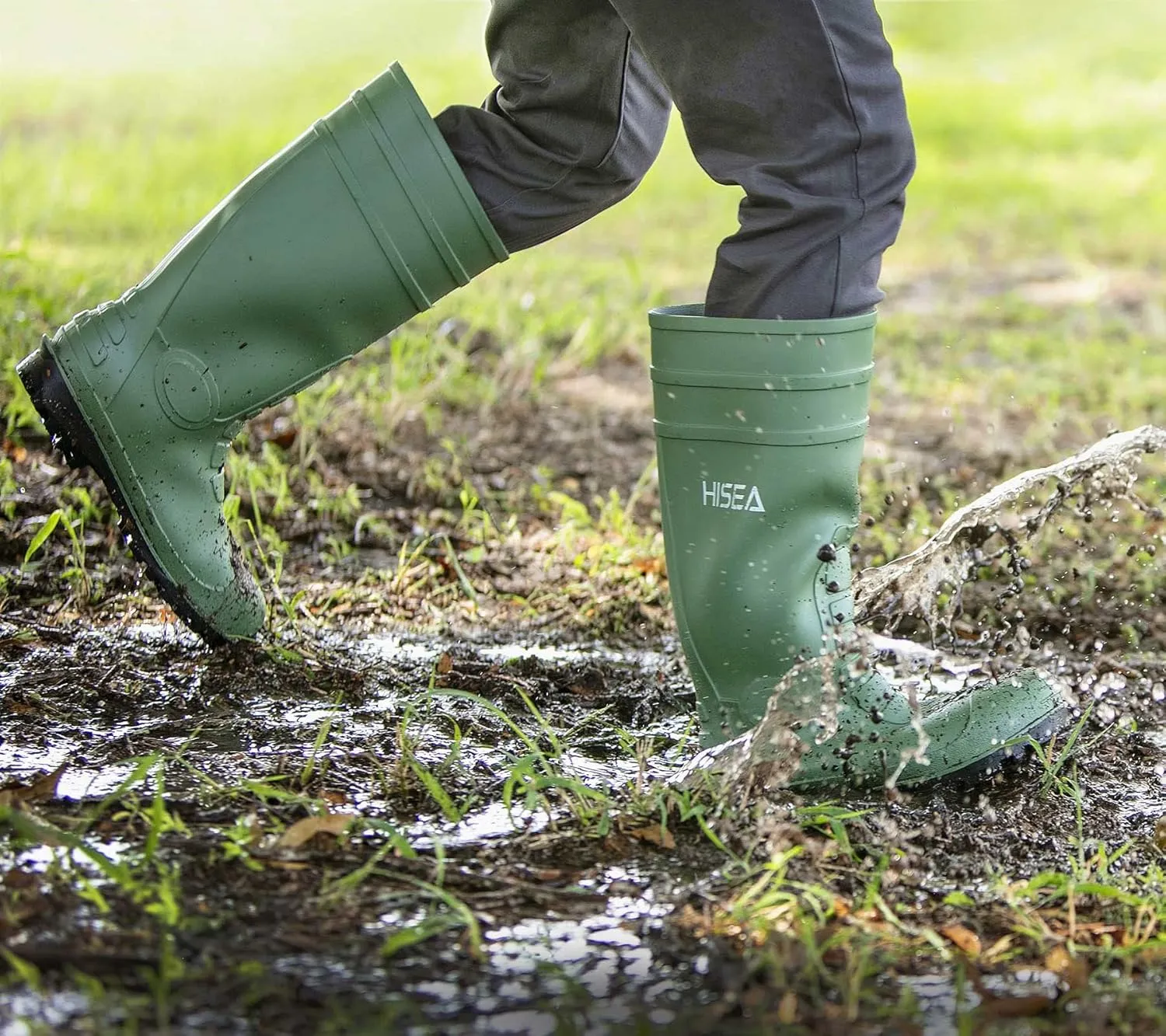 HISEA Men's Steel Toe Rain Boots PVC Rubber Boots, Waterproof Garden Fishing Outdoor Work Boots, Durable Slip Resistant Knee Boots for Agriculture and Industrial Working