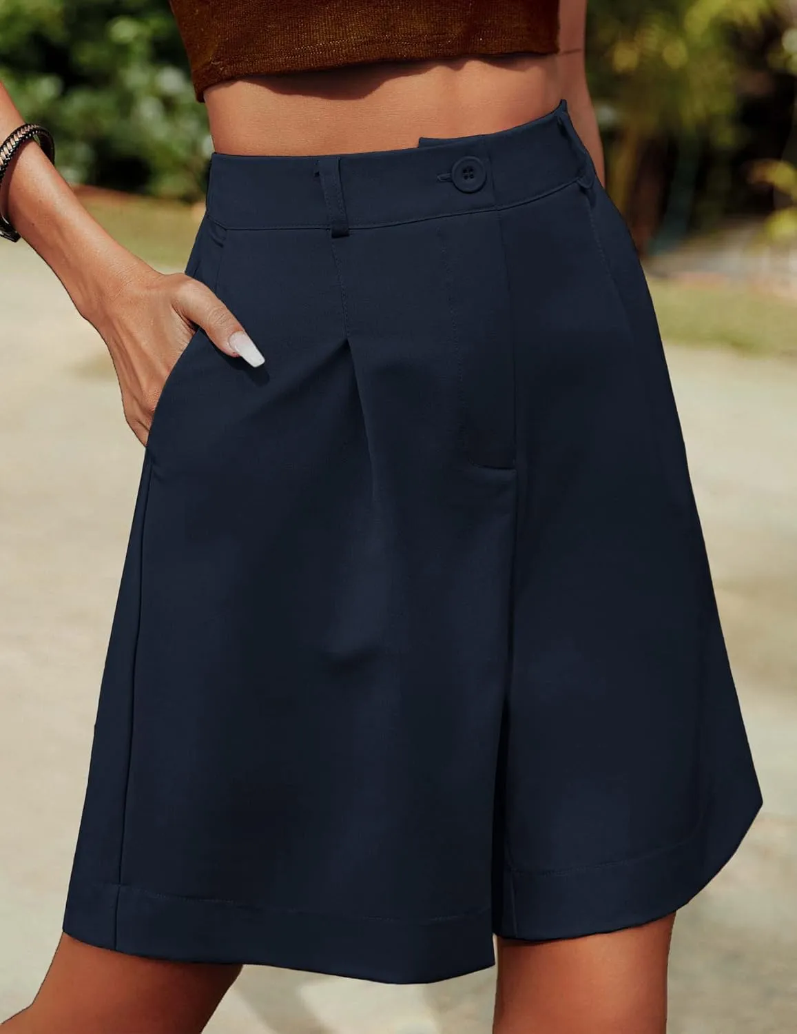 HOTOUCH Bermuda Shorts for Women Summer Dressy Casual Elastic High Waisted Wide Leg Knee Length Shorts with Pockets