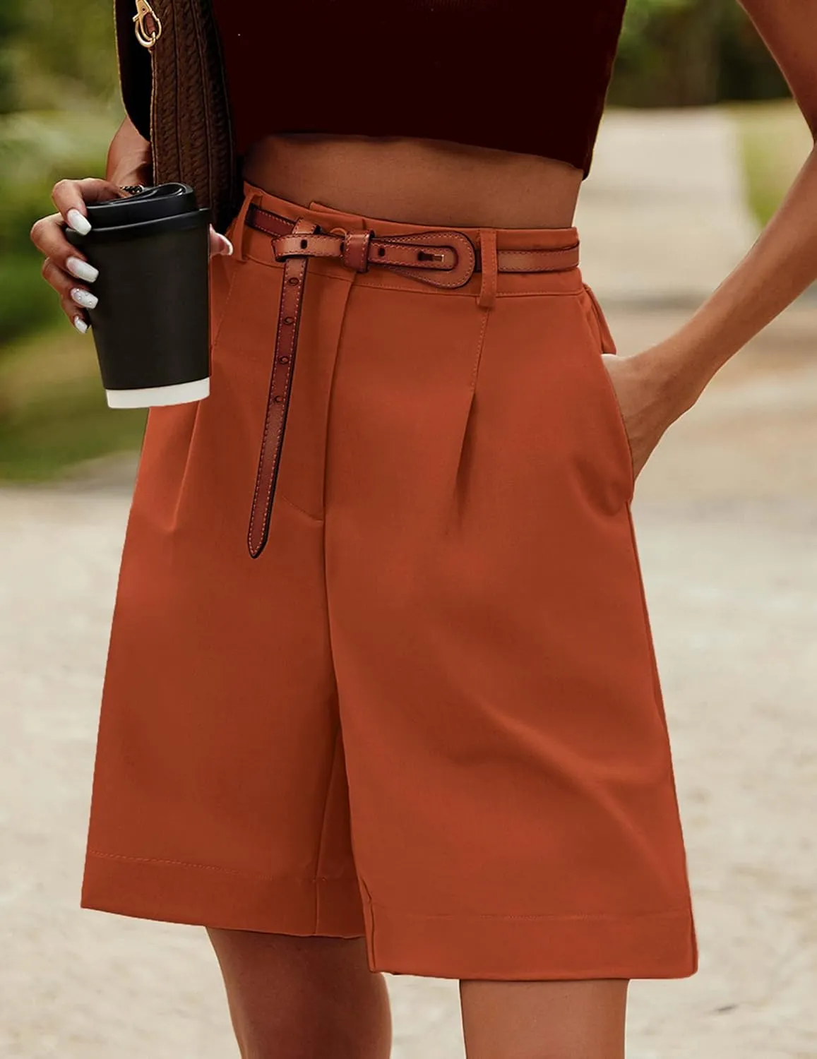 HOTOUCH Bermuda Shorts for Women Summer Dressy Casual Elastic High Waisted Wide Leg Knee Length Shorts with Pockets