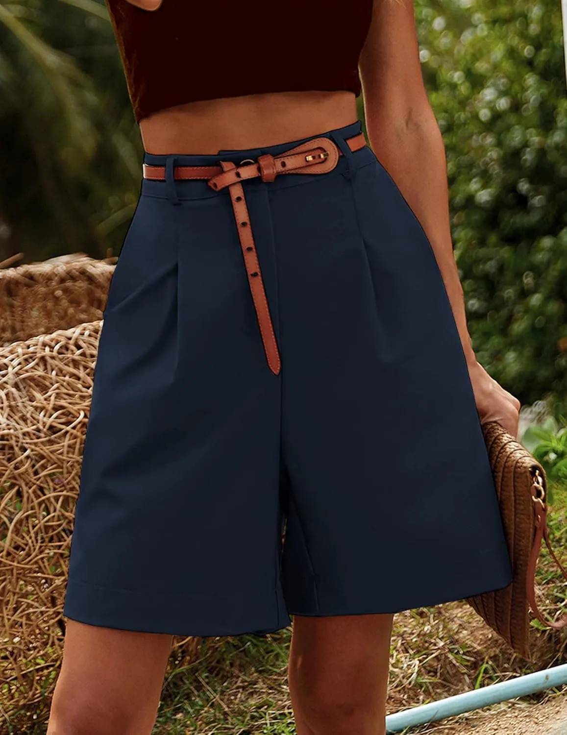 HOTOUCH Bermuda Shorts for Women Summer Dressy Casual Elastic High Waisted Wide Leg Knee Length Shorts with Pockets