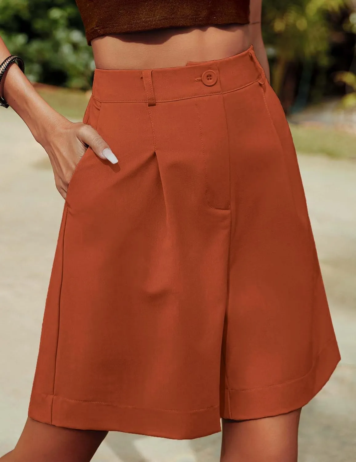 HOTOUCH Bermuda Shorts for Women Summer Dressy Casual Elastic High Waisted Wide Leg Knee Length Shorts with Pockets