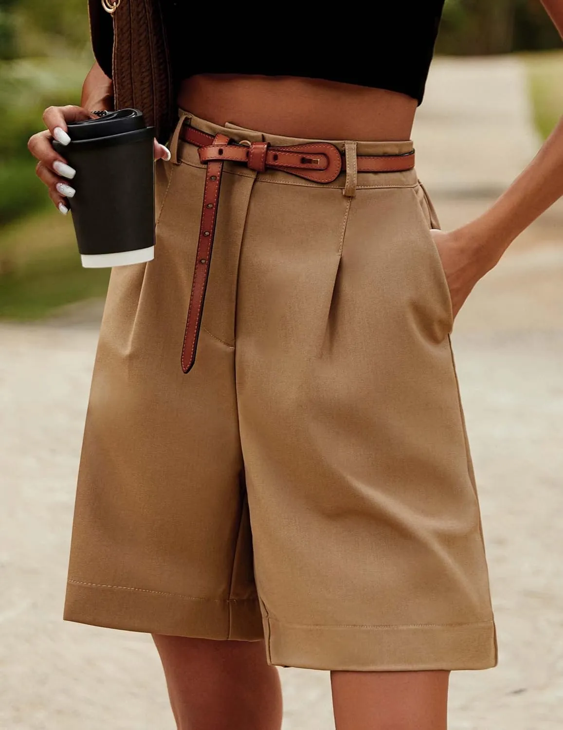 HOTOUCH Bermuda Shorts for Women Summer Dressy Casual Elastic High Waisted Wide Leg Knee Length Shorts with Pockets