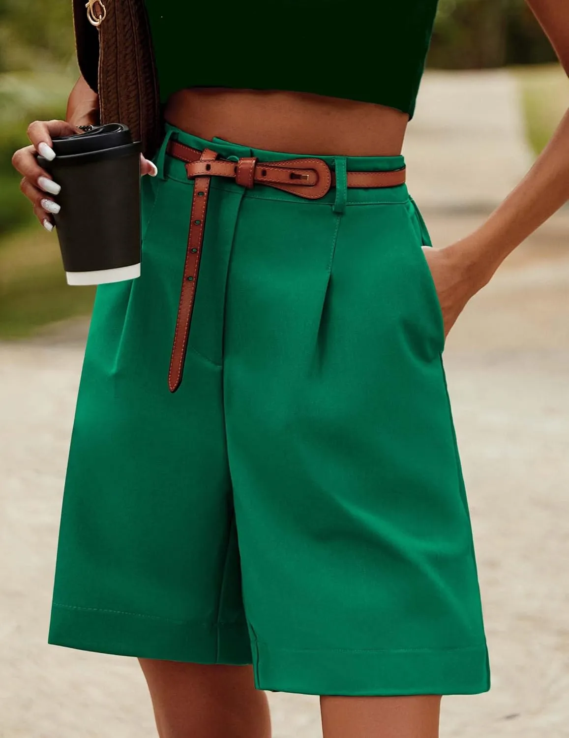 HOTOUCH Bermuda Shorts for Women Summer Dressy Casual Elastic High Waisted Wide Leg Knee Length Shorts with Pockets