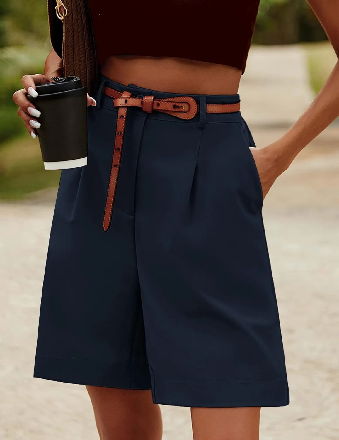 HOTOUCH Bermuda Shorts for Women Summer Dressy Casual Elastic High Waisted Wide Leg Knee Length Shorts with Pockets