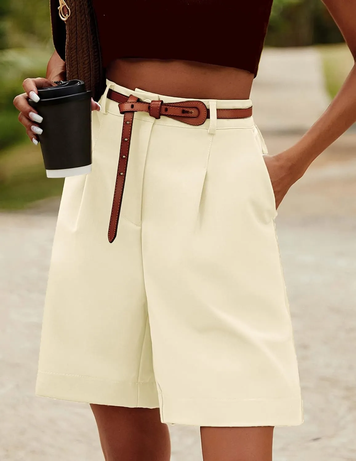 HOTOUCH Bermuda Shorts for Women Summer Dressy Casual Elastic High Waisted Wide Leg Knee Length Shorts with Pockets