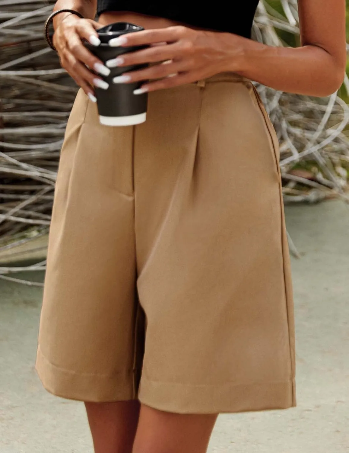 HOTOUCH Bermuda Shorts for Women Summer Dressy Casual Elastic High Waisted Wide Leg Knee Length Shorts with Pockets