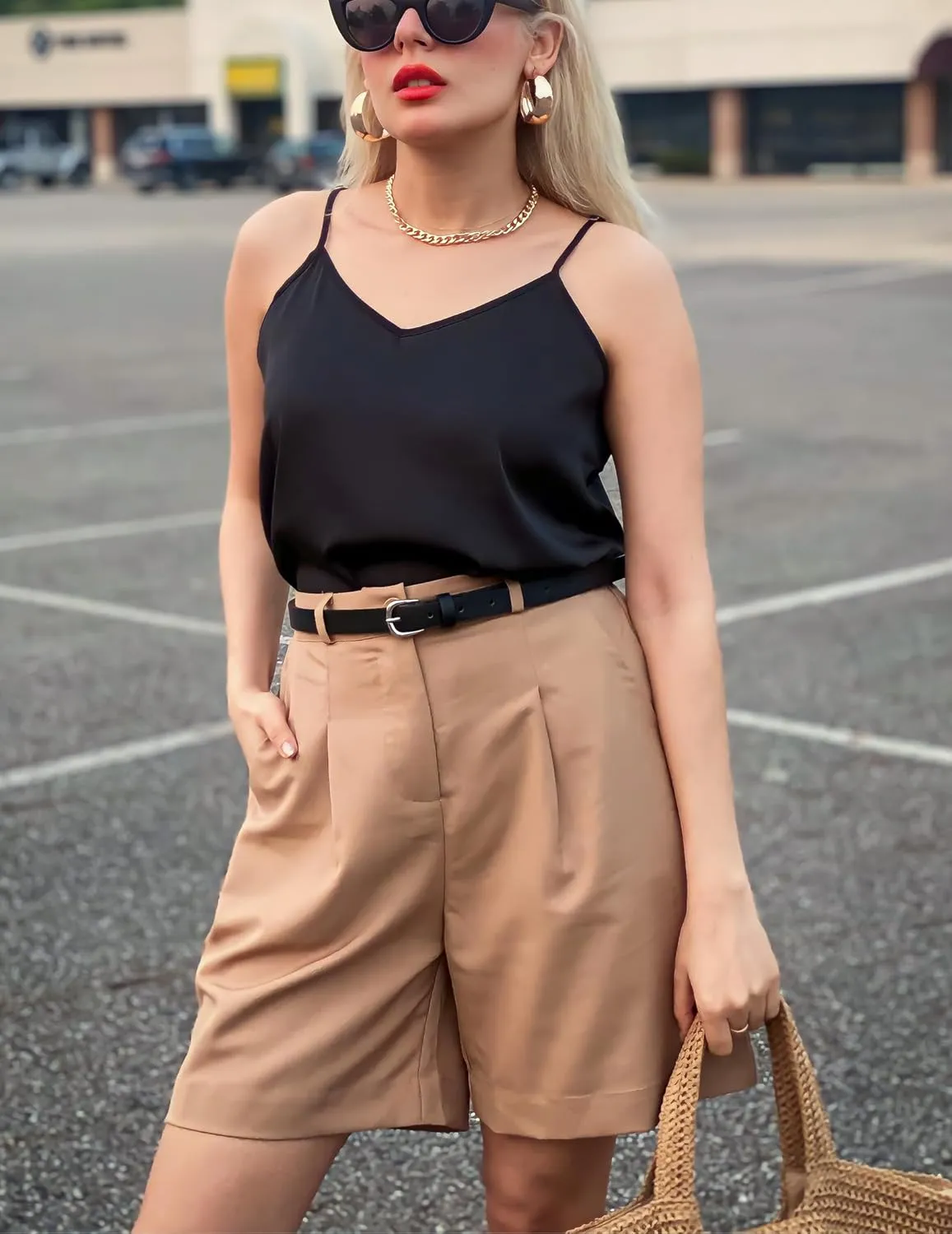 HOTOUCH Bermuda Shorts for Women Summer Dressy Casual Elastic High Waisted Wide Leg Knee Length Shorts with Pockets