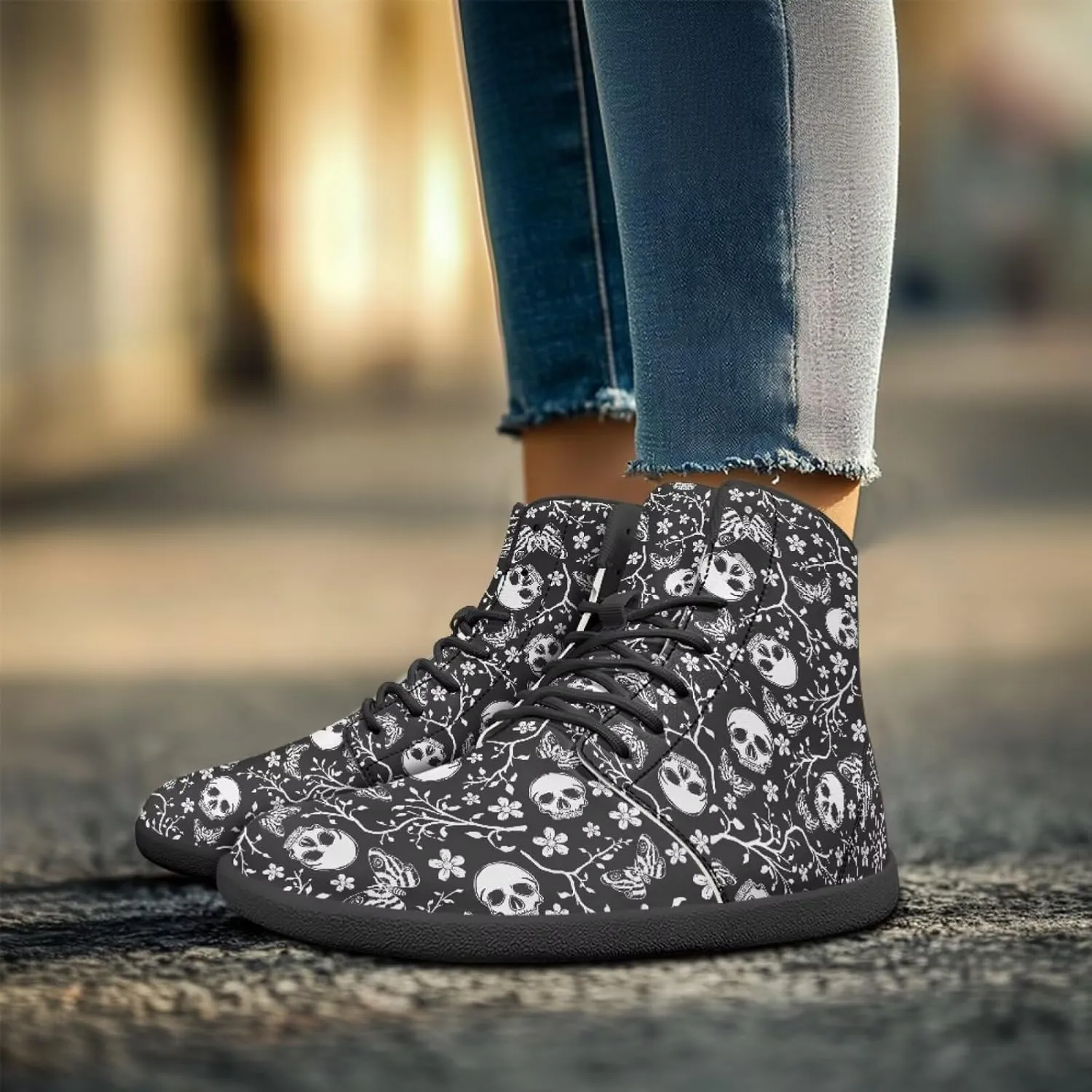 Howilath Gothic Skull Print High Top Sneakers for Men Wide Toe Barefoot Shoes Running Shoe with Anti-Skid Sole