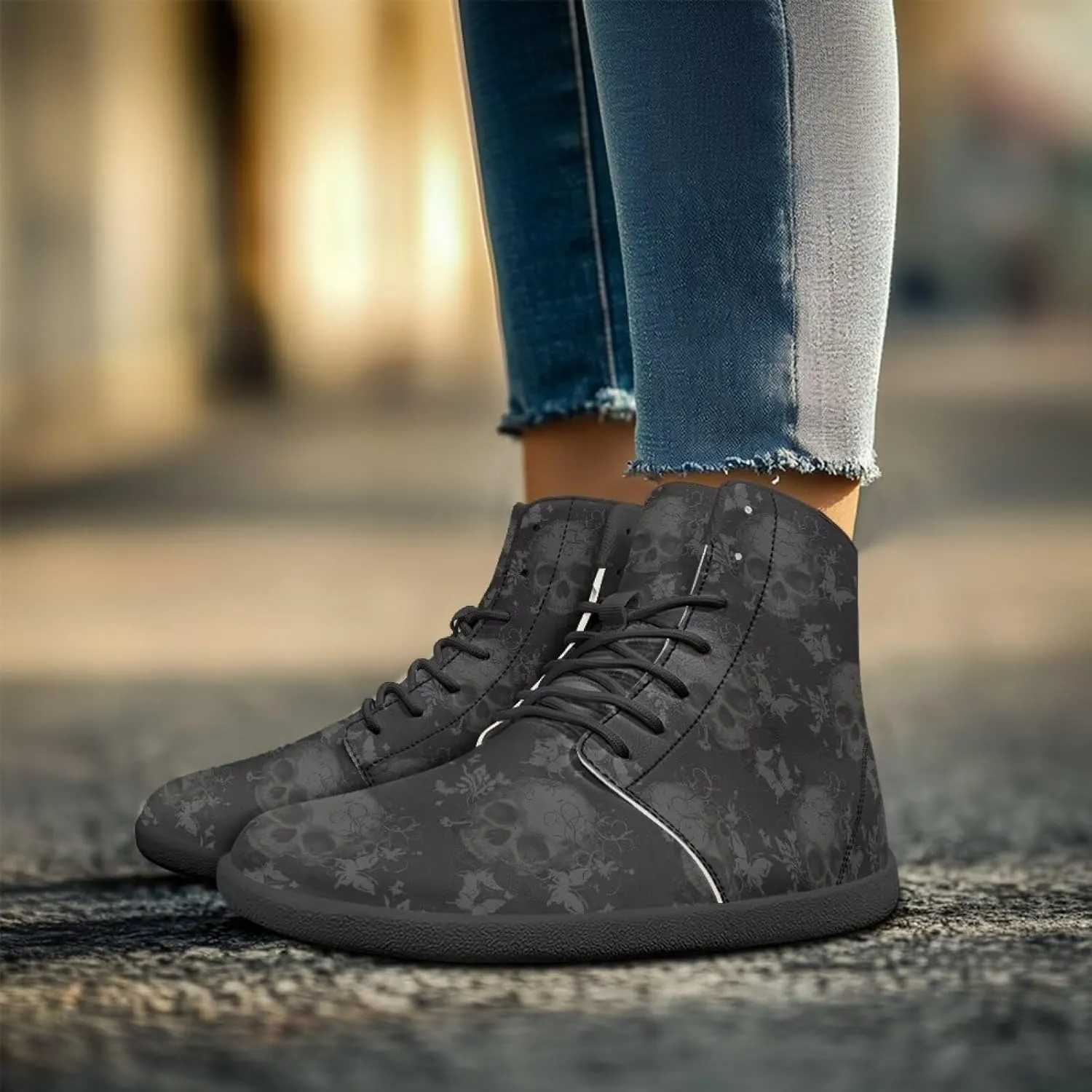 Howilath Gothic Skull Print High Top Sneakers for Men Wide Toe Barefoot Shoes Running Shoe with Anti-Skid Sole