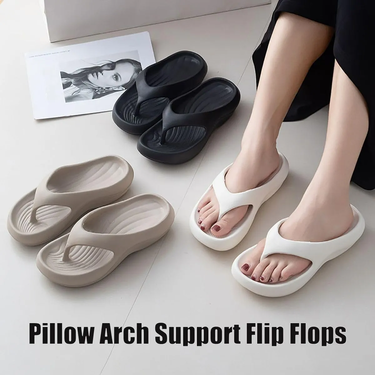 Hrtesus Pillow Slides for Women Plantar Fasciitis Pillow Flip Flops Arch Support Orthopedic Sandals Recovery Lightweight Cushioning Shock-Absorbing
