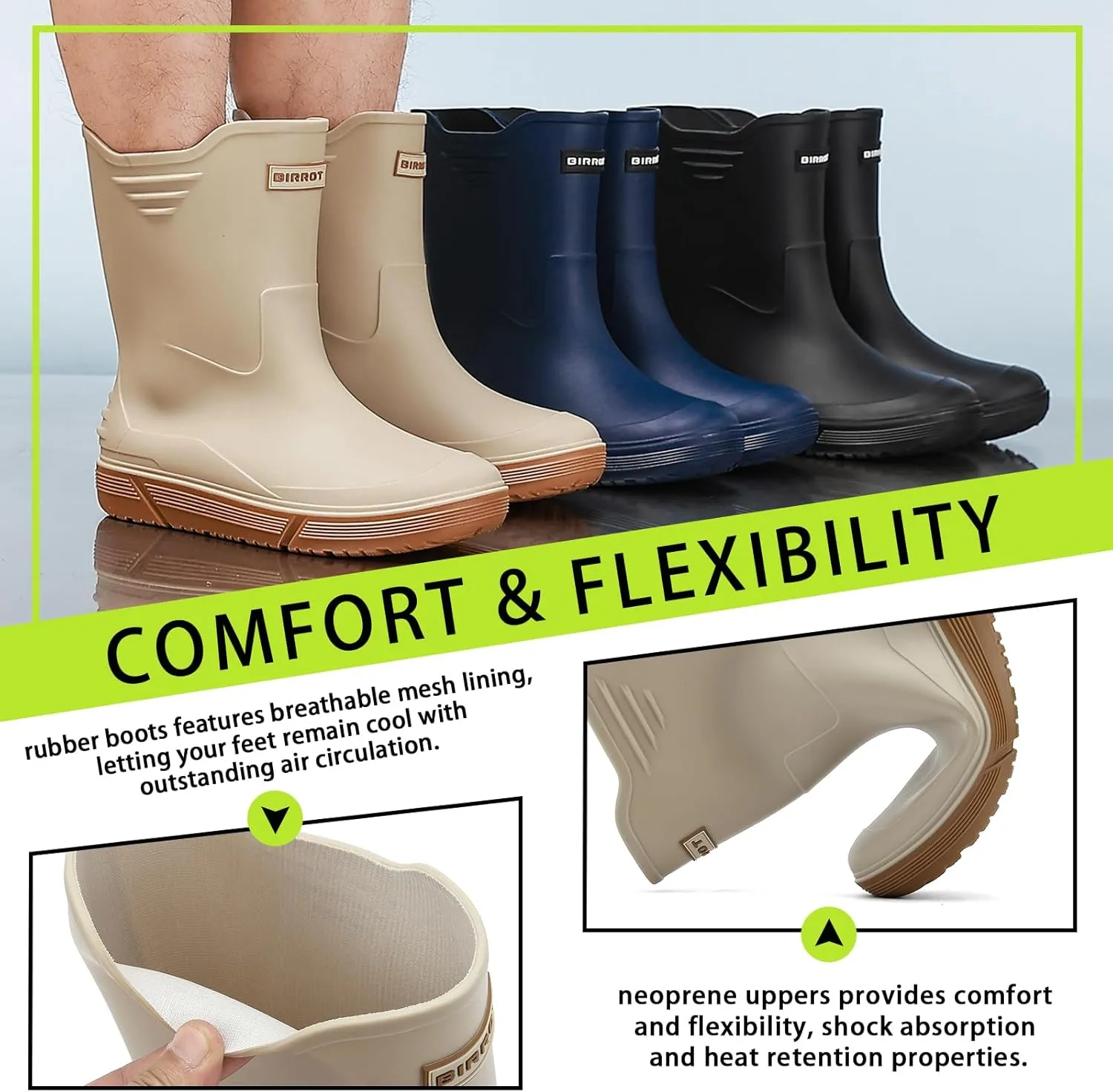 Hsttgsr Rain Boots for Men Waterproof Fashionable Rubber Boots Non-slip Outdoor Garden Boots Mid Calf Muck Work Shoes Comfort Lightweight Rainboots for Fishing Climbing