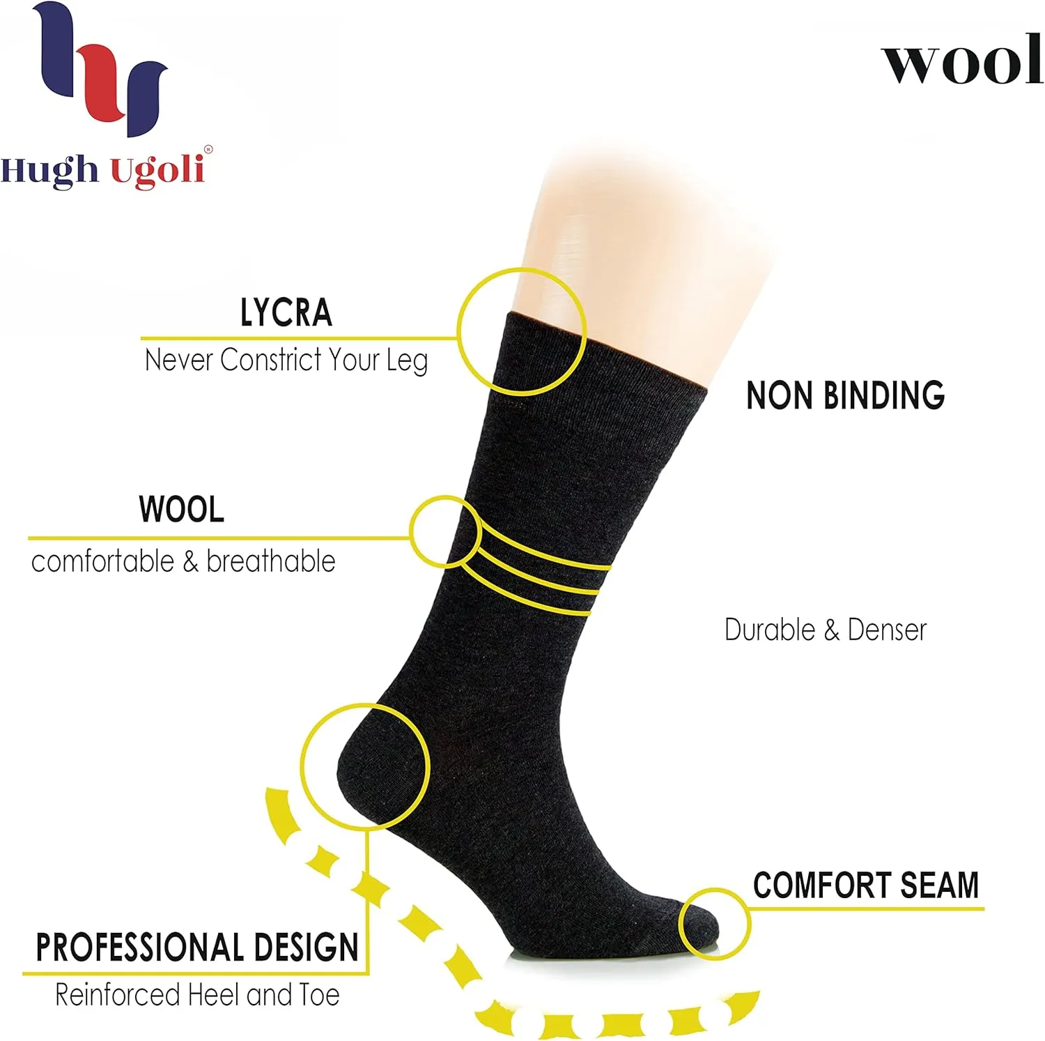 Hugh Ugoli Warm Winter Crew Wool Socks for Women, Soft, Comfy, Cozy Boot Socks, Comfort Seam & Non Binding, 3 Pairs