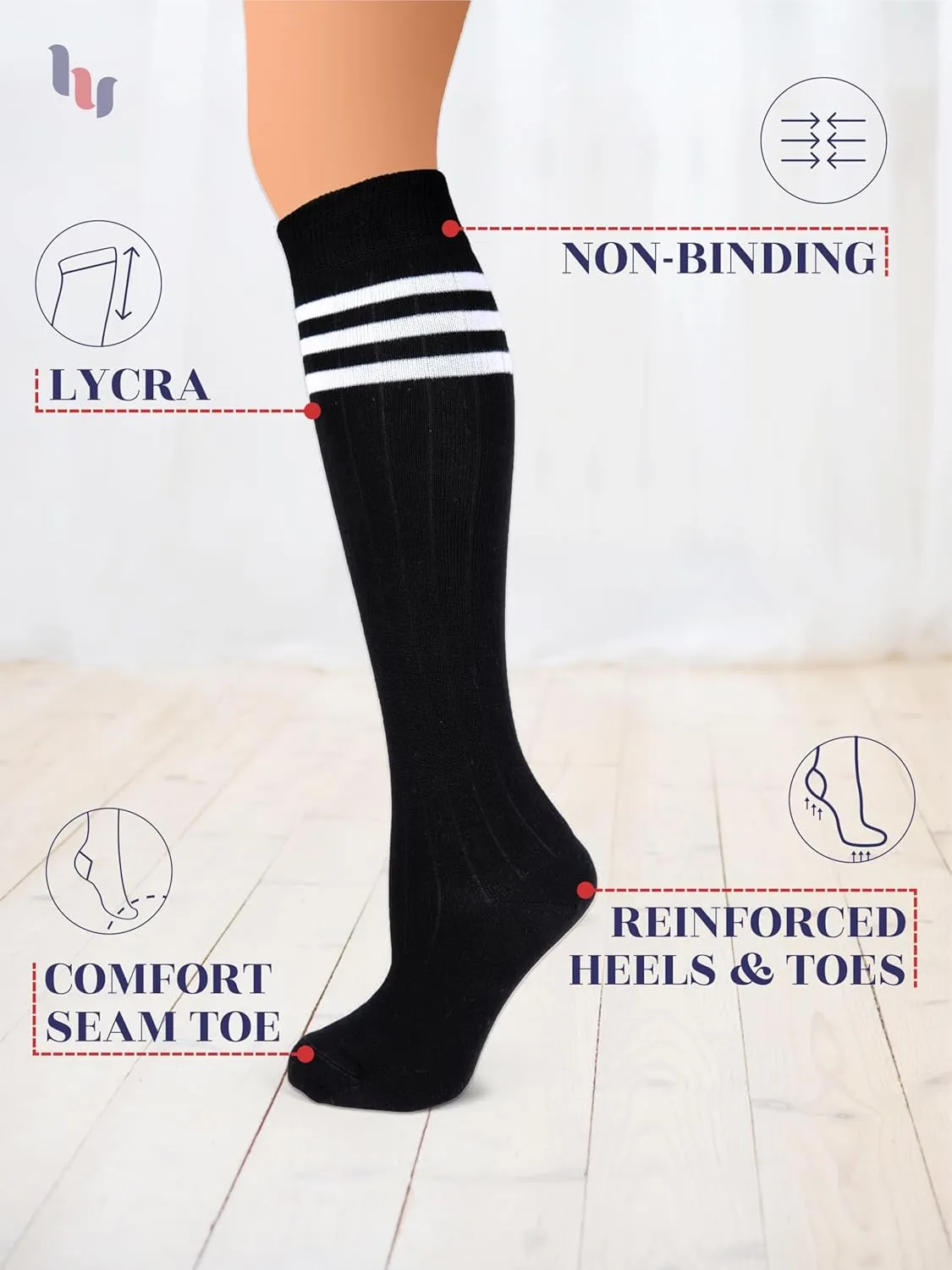 Hugh Ugoli Women Cotton Knee High Socks, Comfort Seam, Long Dress Socks, Soft, Lightweight, Size 5-8 & 8-11, 3 & 4 Pairs