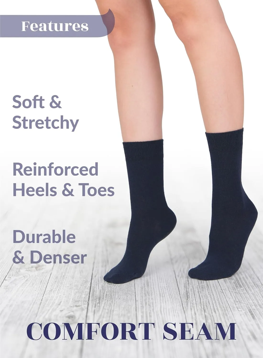 Hugh Ugoli Women's Cotton Crew Socks, Soft, Regular Fit, Plain Color Casual Socks for Trouser, Shoe Size 6 to 12, 4 Pairs
