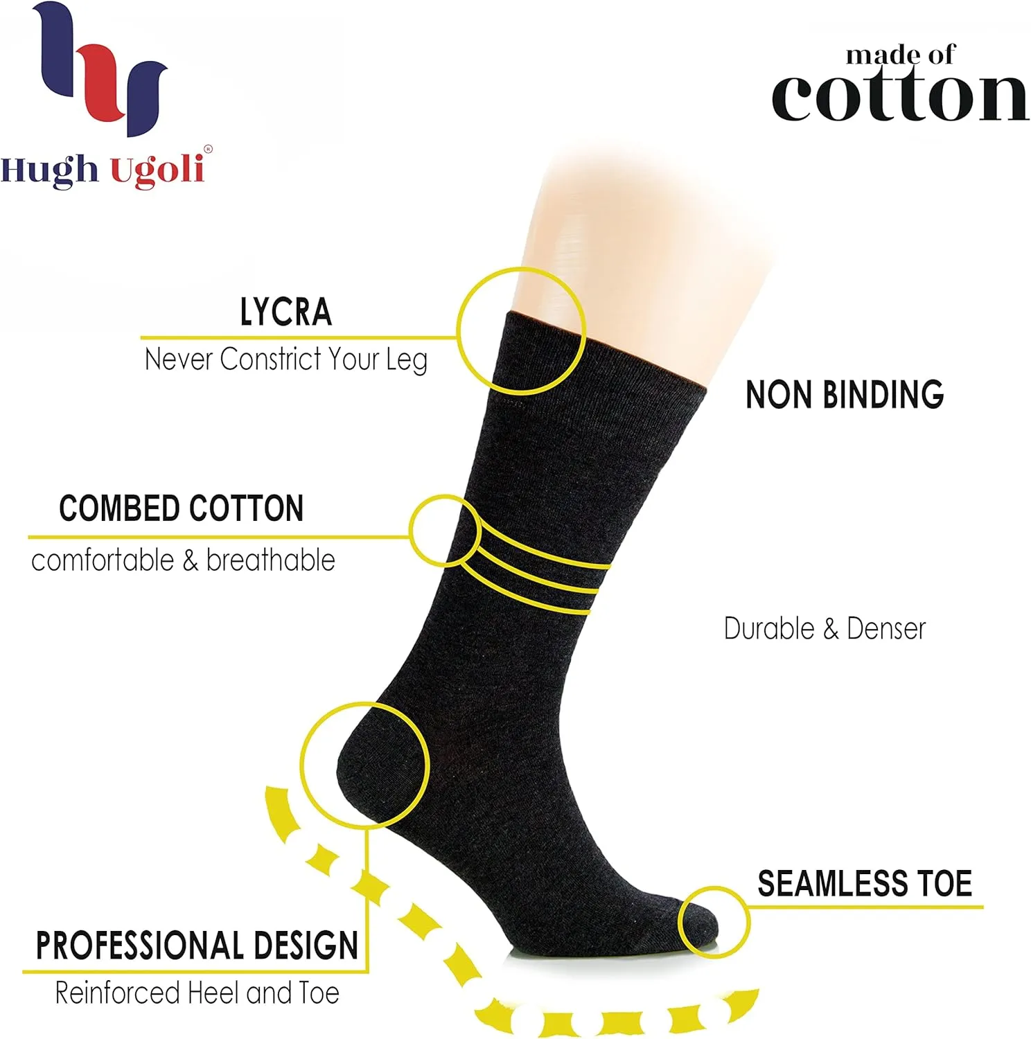 Hugh Ugoli Women's Thick Cotton Warm Winter Socks | Seamless Boot Socks with Non Binding Top | Shoe Size 6-9/10-12, 3 Pairs