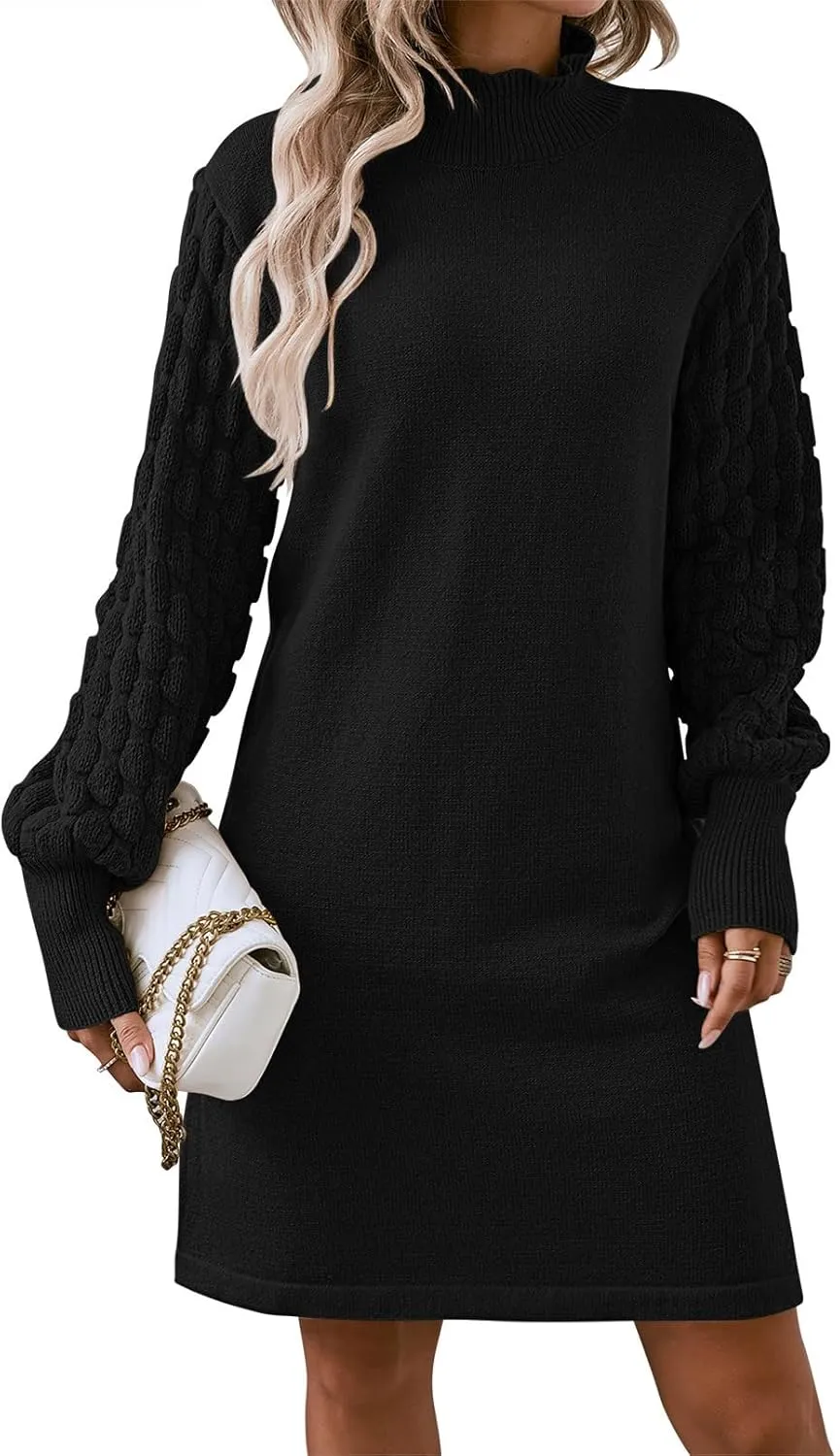 HUUSA Winter Dresses for Women 2024 Fall Puff Long Sleeve Sweaters Loose Mock Neck Outfits Sexy Mini Dress Going Out