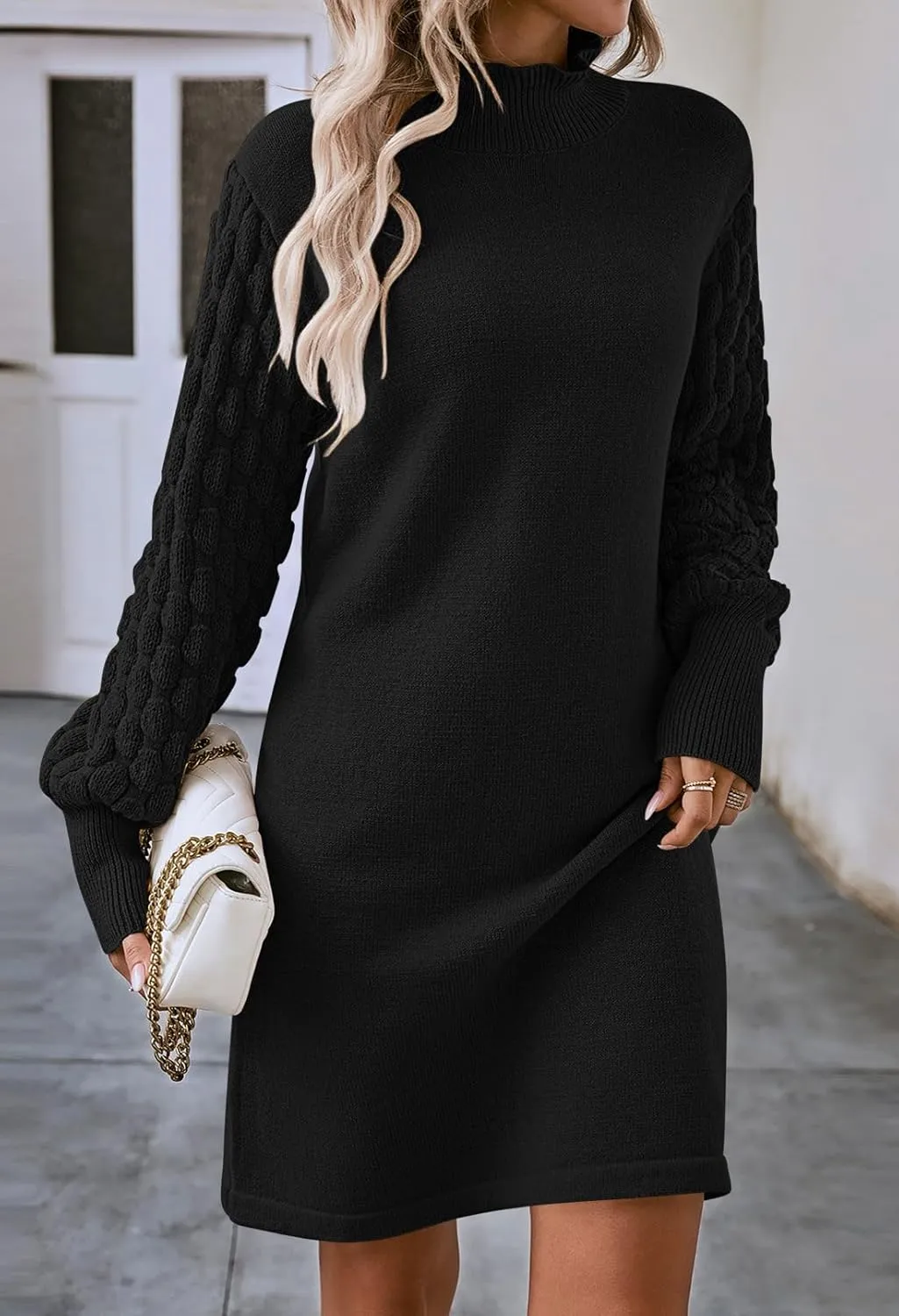 HUUSA Winter Dresses for Women 2024 Fall Puff Long Sleeve Sweaters Loose Mock Neck Outfits Sexy Mini Dress Going Out