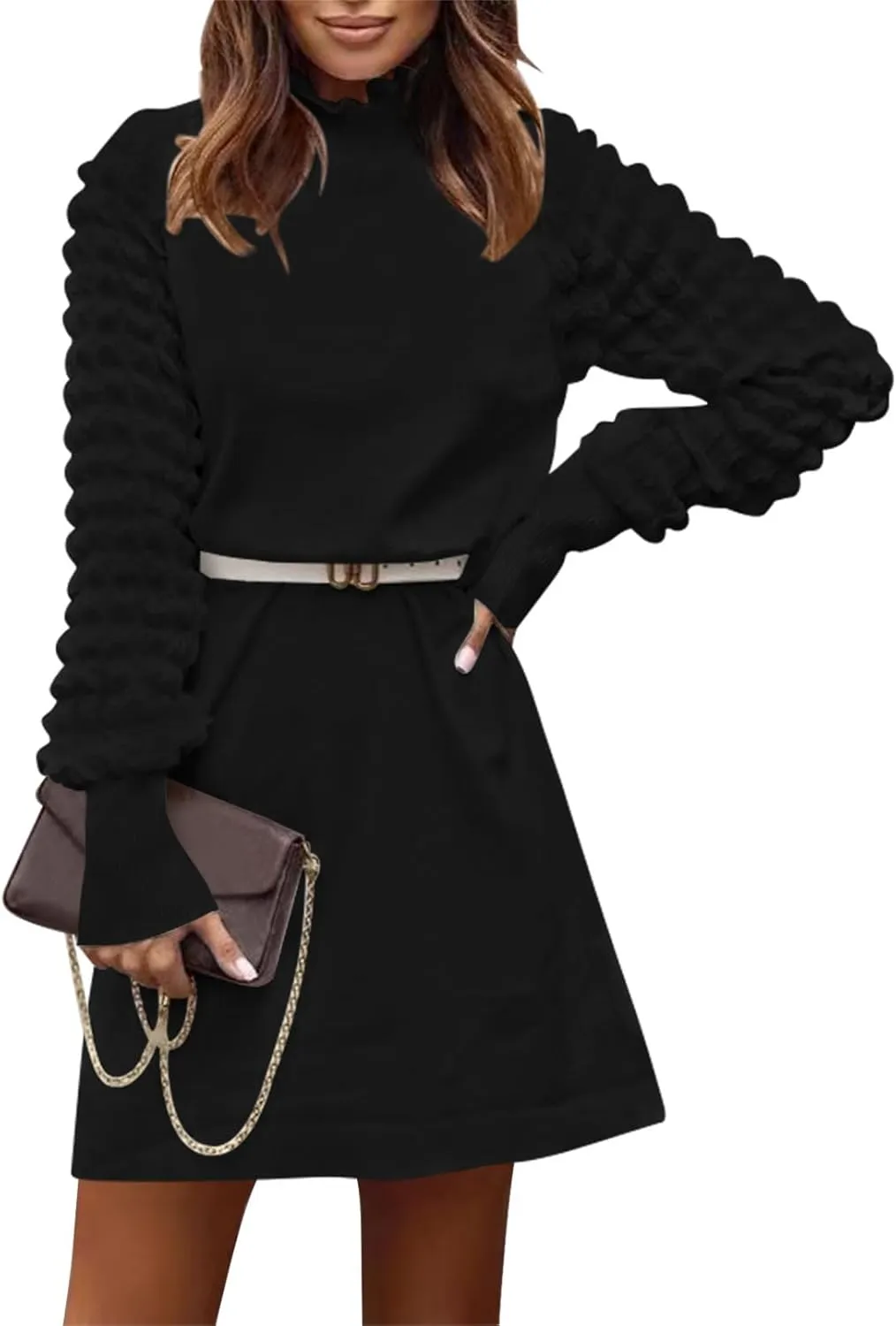 HUUSA Winter Dresses for Women 2024 Fall Puff Long Sleeve Sweaters Loose Mock Neck Outfits Sexy Mini Dress Going Out