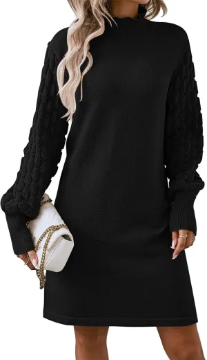 HUUSA Winter Dresses for Women 2024 Fall Puff Long Sleeve Sweaters Loose Mock Neck Outfits Sexy Mini Dress Going Out