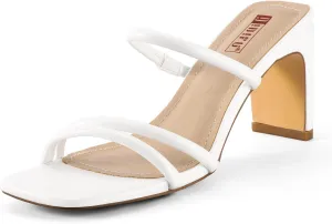 IDIFU IN3 Strappy Heels High Chunky Block Square Open Toe Slip On Slide Heels Mules Wedding Bridal Bride Prom Party Dress Shoes for Women Dressy Comfortable Cute Fashion Trendy Heeled Sandals