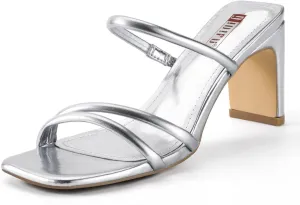 IDIFU IN3 Strappy Heels High Chunky Block Square Open Toe Slip On Slide Heels Mules Wedding Bridal Bride Prom Party Dress Shoes for Women Dressy Comfortable Cute Fashion Trendy Heeled Sandals