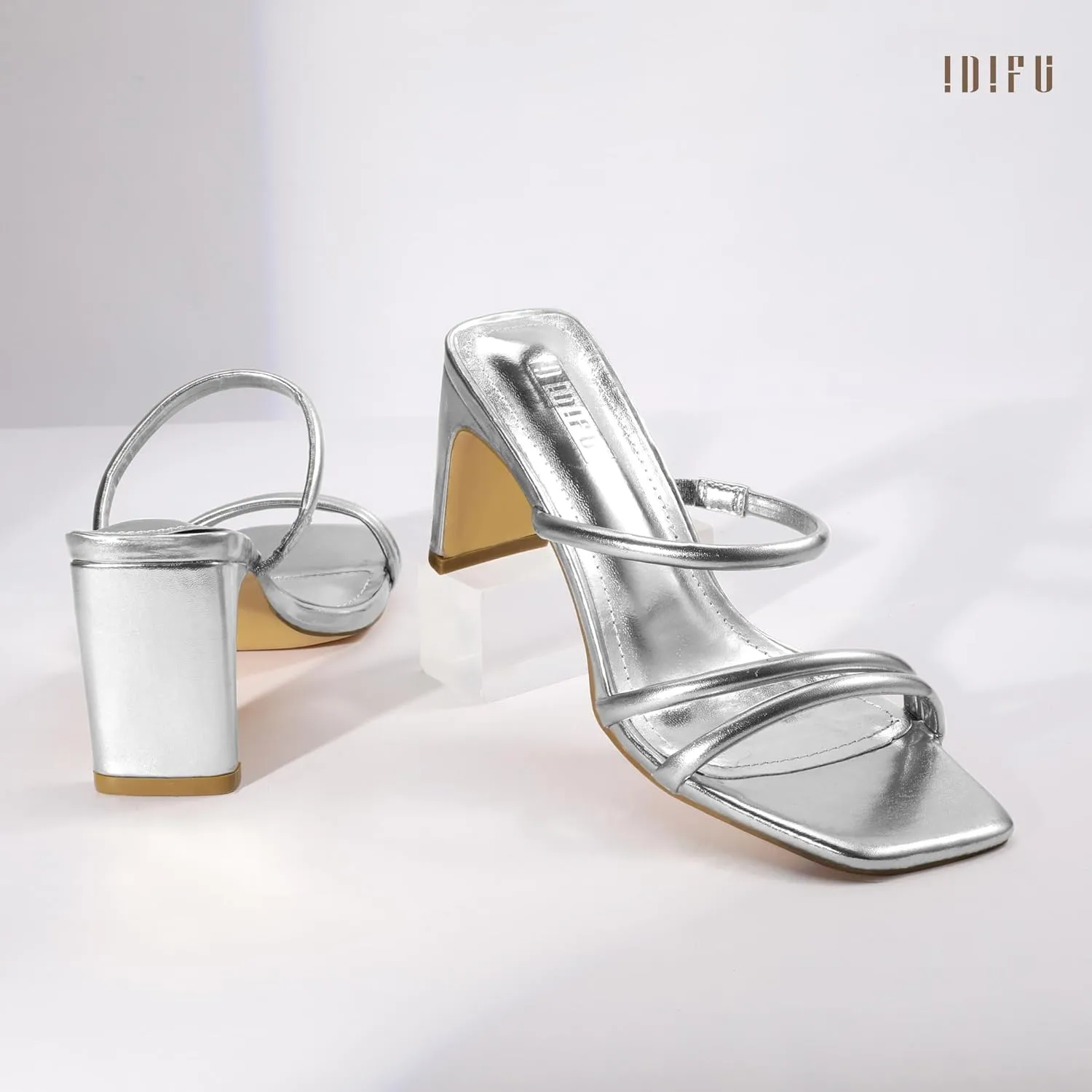 IDIFU IN3 Strappy Heels High Chunky Block Square Open Toe Slip On Slide Heels Mules Wedding Bridal Bride Prom Party Dress Shoes for Women Dressy Comfortable Cute Fashion Trendy Heeled Sandals