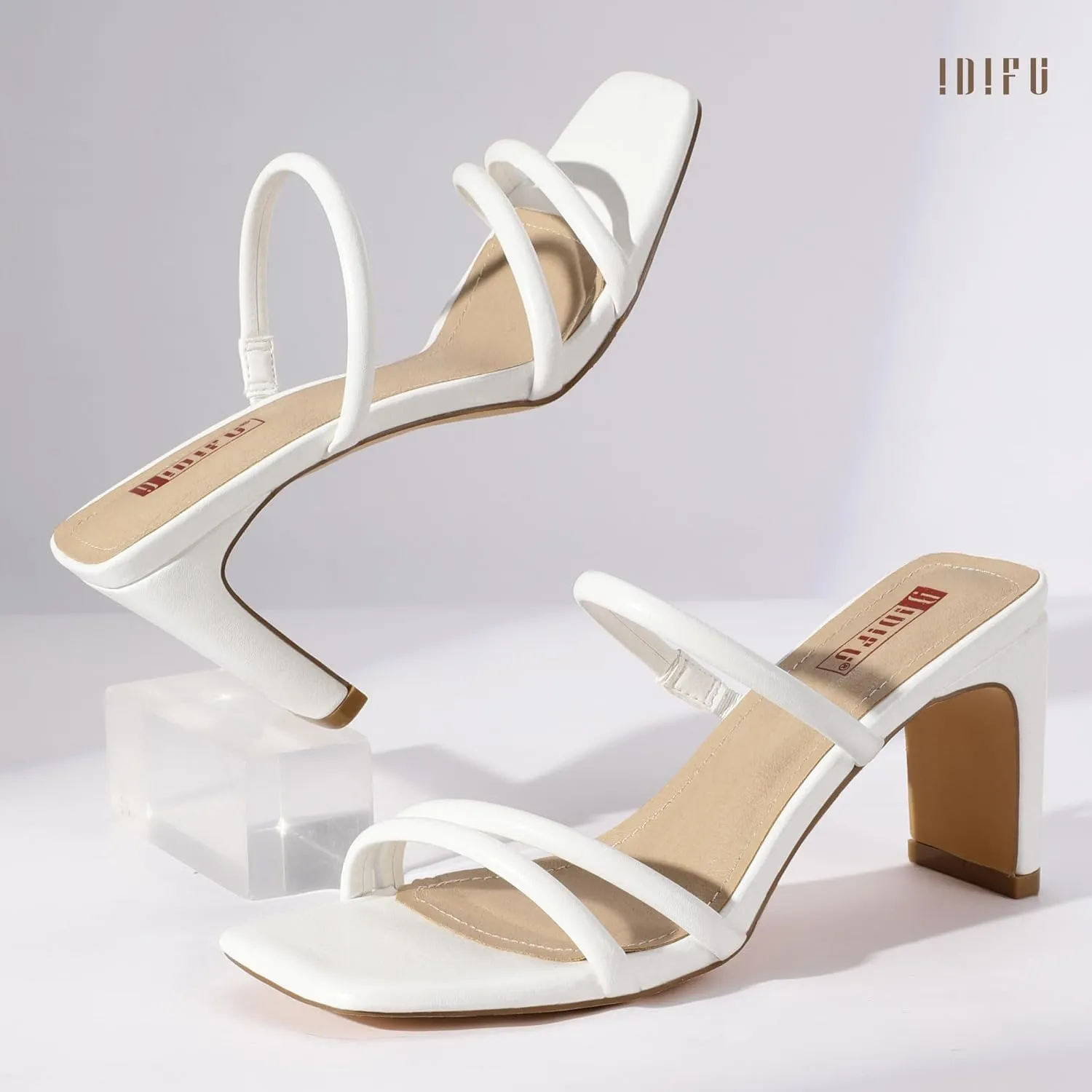 IDIFU IN3 Strappy Heels High Chunky Block Square Open Toe Slip On Slide Heels Mules Wedding Bridal Bride Prom Party Dress Shoes for Women Dressy Comfortable Cute Fashion Trendy Heeled Sandals